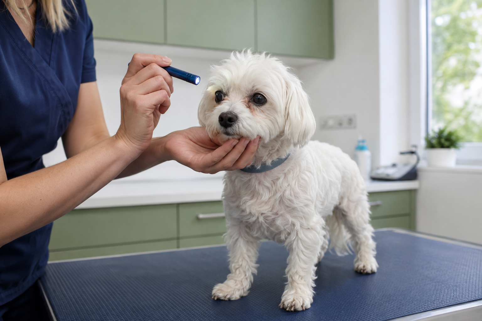 Veterinářka vyšetřuje oči psa se slznými skvrnami